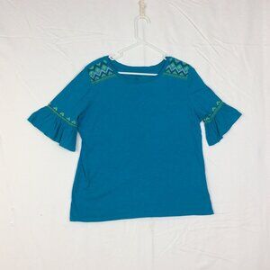 Riders By Lee Size L Top Turquoise Pull Over 3/4 Sleeve Embroidered Aztec Cotton